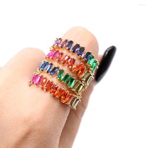 Anillos de boda Color dorado compromiso hecho a mano Arco Iris CZ piedra dedo Anel banda fina BaguettePara mujer joyería de moda