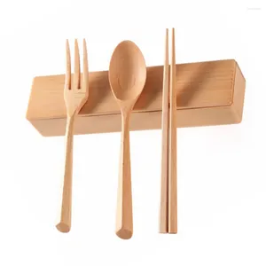 Servis uppsättningar av träuppsättning trägafflar bordsartiklar återanvändbart bestick rutan redskapsopsils japanska gaffel spoonsets grillande matlagning sallad