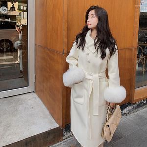 Cappotto lungo invernale da donna in pelliccia da donna con polsini veri ispessimento lana tenera giacca bianca capispalla streetwear da donna