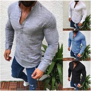 Camisas casuais masculinas de linho de manga comprida meio aberta para homens