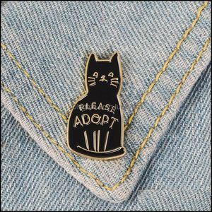 Pins Brooches Black Enamel Cat Button Pins For Clothes Bag Please Adopt The Badge Of Cartoon Animal Jewelry Gift Friends C3 Drop Del Otupc