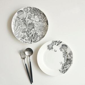 Teller, Heimtextilien, Teller, Bone China, aufglasiert, rund, schwarz, weiß, Blumen, bedruckt, Steakgerichte, westliches Geschirr, Großhandel