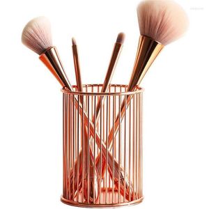 Förvaringslådor nordiska ihåliga ut makeup borste potten hållare arrangör järn runda praktisk penna penna cup rosguld kosmetisk låda