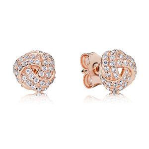 Rose Gold Love Heart Knot Stud Earrings for Pandora Authentic Sterling Silver Wedding Jewelry For Women Girls CZ Diamond Girlfriend Gift Earring with Original Box