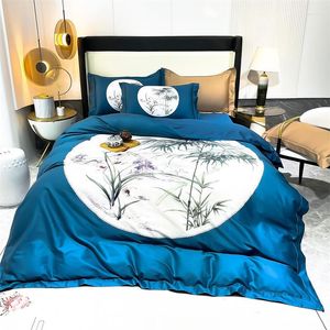 Bettwäsche Sets Eastern Blumen Chinoiserie Blüte Duvet Cover Marine Blue Botanical 600TC Ägyptische Baumwolle 4pcs Set Bettblatt Kissenbezüge