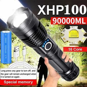 Flashlights facklor Hög effekt XHP100 LED -ficklampa Laddningsbar 4 Core Torch Zoom USB Handlykta för camping utomhus nödanvändning 0109