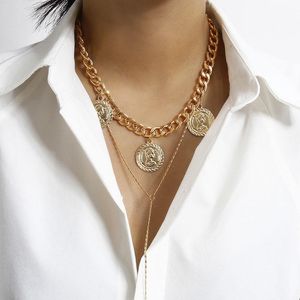Pendant Necklaces Vintage Multilayer Thick Chain Round Coin Figure Necklace Women Creative Geometric Long Jewelry Kolye XR2761