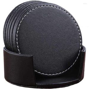 Table Mats -Set Of 6 Leather Drink Coasters Round Cup Mat Pad For Home And Kitchen Use Black
