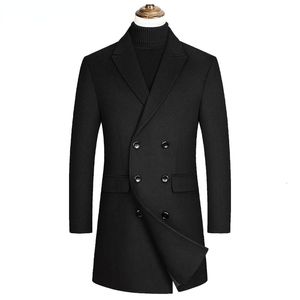 Men's Wool Blends Mens Black Double Breasted Trench Coat Winter Brand Business Slim Fit en Peacoat Windbreaker 230107
