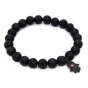 Link Bracelets Poshfeel 8Mm Lava Stone Beaded Bracelet Energy Hamsa Hand Charm With Cz Stoppers Yoga Jewelry Mbr170364 Chain