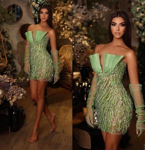 Stylish Mint Green Prom Dresses Strapless Tassels Party Dresses Beaded Mini Graceful Custom Made Evening Dress