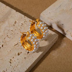 Çember Küpeler Boako Zarif Lüks Paslanmaz Çelik İmitasyon İncileri Huggie Romantik Zarif Su Geçirmez Cazibe Modaya Mücevher