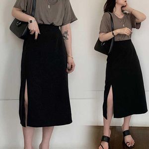 Skirts Large Size Women's Clothing Plump Girls Side Slit Black Skirt Korean Style 200 Jin Slimming High Waist Mid-Length A- Line