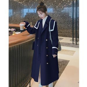 Women's Wool & Blends Fashion Navy Collar Coat Women 2023 Autumn Winter Korean Windbreaker Type Woolen Double Breasted Belt Overcoat