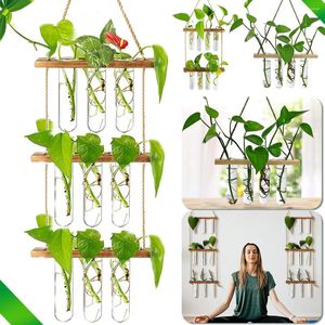 Vases Ins Wall Hanging Glass Planter Terrarium Container Flower Bud Vase With Wooden Test Tube Holder For Propagation Hydroponic Plant