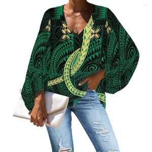 Damenblusen, Chiffon-Hemden, lockere, langärmelige Tops, Polynesian Tribal Samoa Green Tapa Print, Damenmode, lässig, sexy Bluse mit V-Ausschnitt