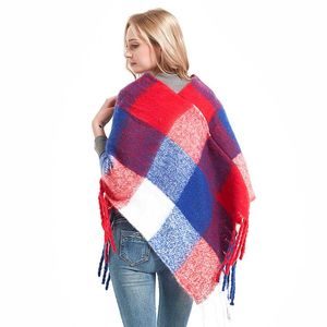 Scarves Women Red Blue Plaid Thick Cashmere With Tassel Lady Autumn Winterlong Poncho High Quality Female Quaste Shawl