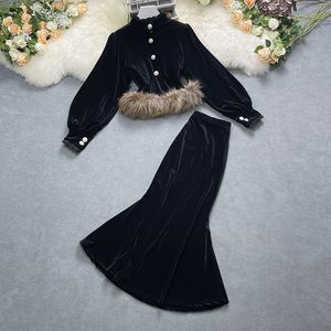نساء اللون الأسود للسيدات طوق مخملي النسيج الفراء الجزء العلوي والخصر المرن Mermaid Maxi Long Skirt مجموعة 2 قطعة لباس SML