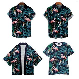 Camisas casuais masculinas 2023 Verão Flamingo Parrot Prinha Camisa Camisa Moda Moda Hawaiian Men e Women Retro Kimono T-shirt