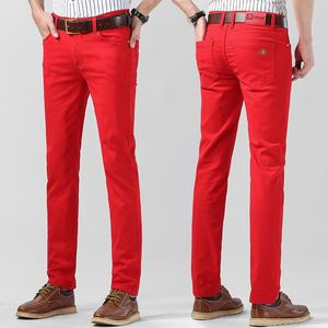Erkek kot pantolon klasik moda erkekler trend marka iş yüksek bel streç düz göl mavi denim pantolon erkek kırmızı sarı gündelik pantolonmen