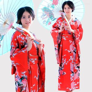 Sahne Giyim Kırmızı Japon Geleneksel Kadınlar İpek Kimono Vintage Yukata Obi Akşam Elbisesi Tavus Kuşu Tek Beden