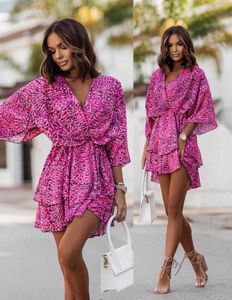 Women's Casual Dresses Women's Sexy V Neck Bat Sleeve Mini Dress Boho Floral Print High Waist Elegant Women Ruffle Office Party Dresses Robe