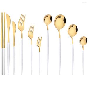 Dinnerware Sets 6Pcs White Gold Set Knife Fork Long Handle Spoons Chopsticks Flatware Cutlery Stainless Steel Tableware Silverware