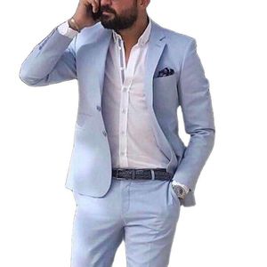 Mäns kostymer Blazers Sky Blue Linen Beach Men 2023 Summer 2 Piece Slim Fit Groom Tuxedo For Wedding Manlig modejacka med byxor