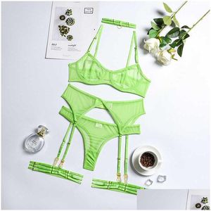 Other Home Textile Sexy Erotic Lingerie Solid Underwear Women Push Up Bra Grater Brief Set Transparent Lace Seamless Blue Setup Feme Dhtq1