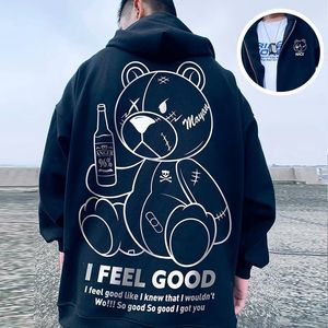 Мужские толстовок толстовок Harajuku Fashion Beer Bear Print Kawaii Zipper Hip Hop Streetwear Осенняя повседневная толстая толстовка 230109