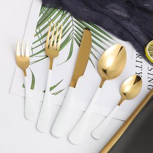 Flatware Sets 5Pcs White Gold Stainless Steel Cutlery Tableware Set Kitchen Dinnerware Dinner Forks Knives Spoons Silverware