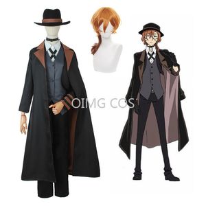 특별한 경우 나카하라 chuuya cosplay bungo 길 잃은 개 의상 남자와 여자 트렌치 코트 검은 색 유니폼 슈트 유니osex 가발 액세서리 230107