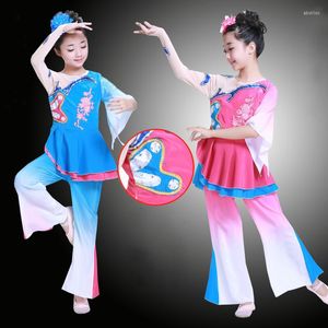 Abbigliamento da palcoscenico Bambino Costume di danza popolare tradizionale cinese Ragazze Fan Abbigliamento Bambini Antico Ombrello nazionale 89