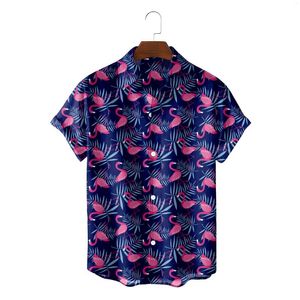 Camisas casuais masculinas 2023 Camisa havaiana Homens de verão Flamingo Prind Prind para 3D Moda Moda única Rode costas colarinho cubano