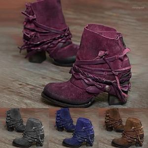 Botas de inverno salto boêmio salto feminino sapatos de fundo grossos botas redondo dedo do pé retrô com tornozelo de tornozelo up zipper