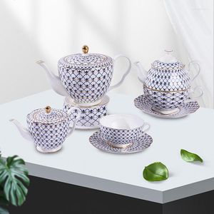 Dinnerware Sets Afternoon Tea Set Painted Kettle European Coffee Cup Complete Golden Rimmed Sugar Pot Blue Bone China Milk Jug Grid Design