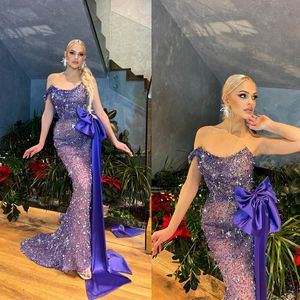 Sexy Prom Dresses Mermaid sin tirantes fuera del hombro Cuerpo entero con cuentas con el big Satin Backless Court Gown Capper Fabil de noche hecha de noche