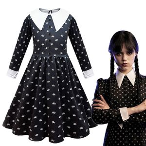소녀의 드레스 아이 수요일 Addams 가족 코스프레 의상 인쇄 드레스 가발 소녀 빈티지 고딕 의상 할로윈 역할 놀이 의류 230107