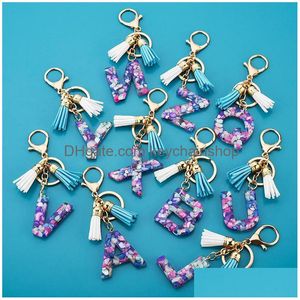Key Rings Cute Letter Car Ring Holder Fashion Leather Tassel Keychain For Women Men 26 Initial English Word Pendant Acrylic Chains D Dhq8N