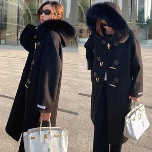 Women's Fur 2023 Winter Women's Jacket Hooded Genuine Wool Coat Long Design With Real Collar