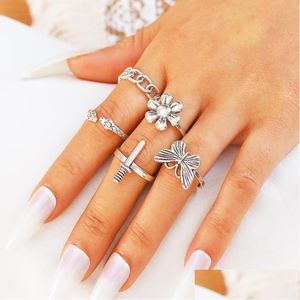 Bandringar Fashion Jewelry Knuckle Ring Set Sier Butterfly Flower Chain M￶nster Snake Sword Stacking Midi Set 5st/Set Drop Delivery Dhryj