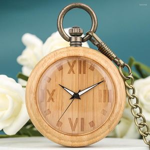 Pocket Watches Natural Bamboo Watch Carved Roman Numerals Dial Bronze Alloy Pendant Chain Gifts For Men Women