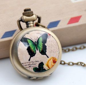 Pocket Watches Großhandel 10 PCs/Los Bronze Silber Schmetterlingsuhr Frau Geschenk Anhänger Halskette Uhr Kette PA214