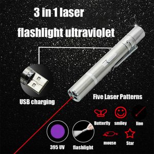Flashlights facklor tre i ett rostfritt stål Mini UV LED-ficklampa 395 Multi-mönster Infraröd laser USB Direkt laddning av nöddetektering 0109