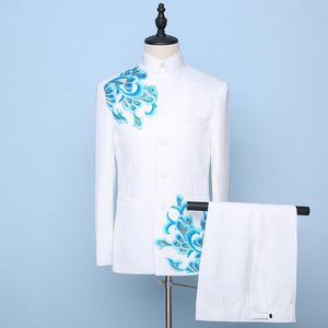 Herrenanzüge, Blazer, elegant, blau, bestickt, chinesischer Tuniek, einreihig, für Bühnenchor, Kostüm, Tang-Anzug für Männer