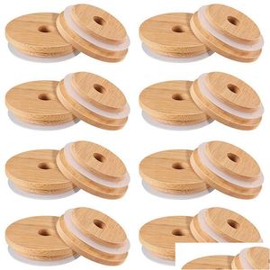 Drinkware lock Eco Friendly Reusable Bamboo Wood Lids Wide Mouth Cup Mason Jar with St Hole Storage Bottles Ers Caps t￤tningsring dhh6q