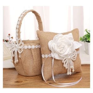 Linen Wedding Flower Basket Ring Pillow com cetim rosa p￩rola elegante cestas de garotas de noiva H-5713b suprimentos de festa