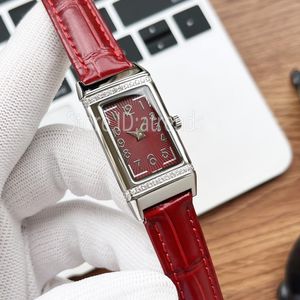 Top Fashion Quartz Watch Women Silver Dial Rhinestone Bezel Classic Rectangle Revers Design Wristwatch Ladies Elegant Leather Strap Clock 571C