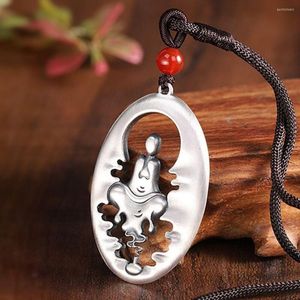 Pendanthalsband Pure S999 Sterling Silver Men Women Gift Matte Zen Buddha Oval Amulet