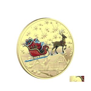 Outras artes e ofícios 10 estilos de decoração de moedas de ouro comemorativas do Papai Noel em relevo Impressão a cores Boneco de neve Medalha de presente de Natal Whol Dhhxk